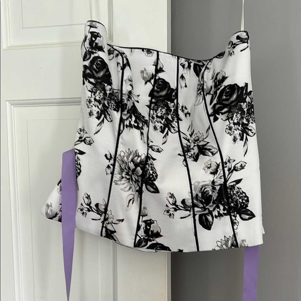 Floral Black and White Corset Top with Purple Accents